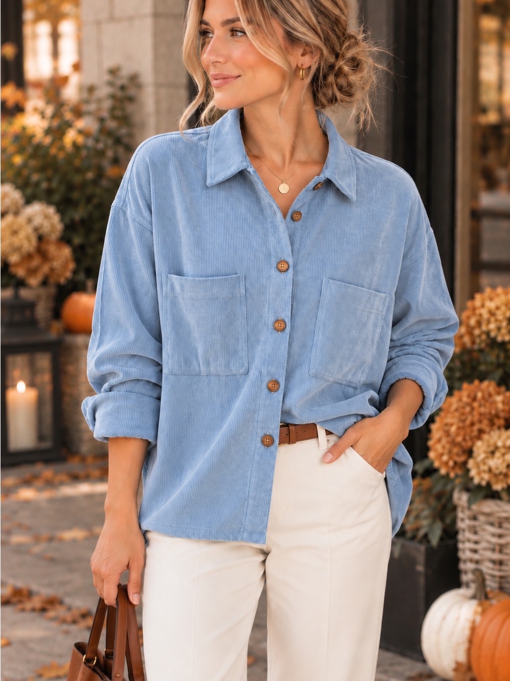 Kendall & Kylie Oversized Corduroy Shacket Medium | Light Blue